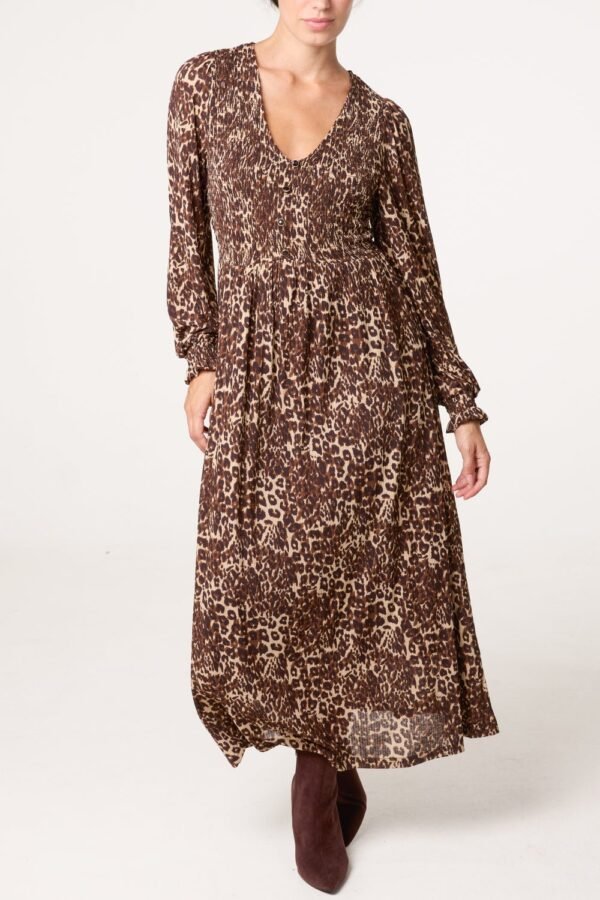2026/10/1000502611.jpg Leopard Print Shirred Waist Midi Dress