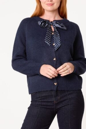 2026/10/1000507806.jpg Navy Blue Gold Button Polka-Dot Bow Tie Cardigan.