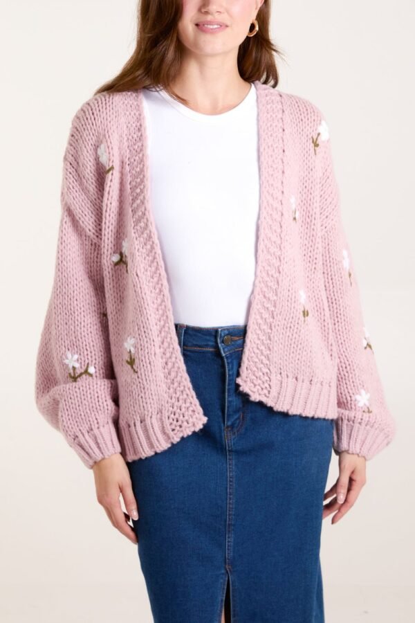 Floral Embroidered Chunky Knit Cardigan