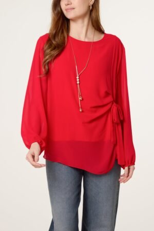 Tie Side Chiffon Blouse With Necklace