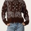 Bandana Print Zip-Through Knit Cardigan
