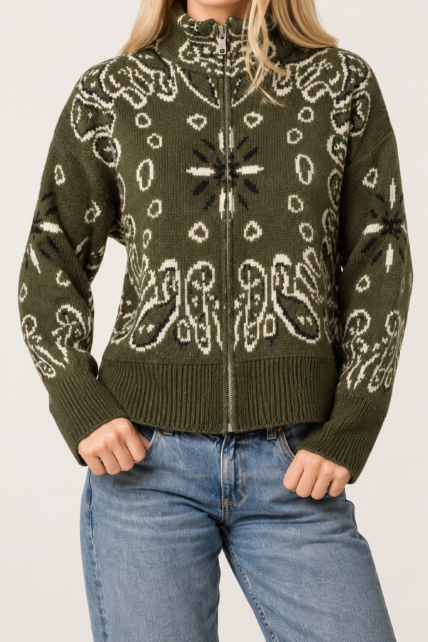 Bandana Print Zip-Through Knit Cardigan